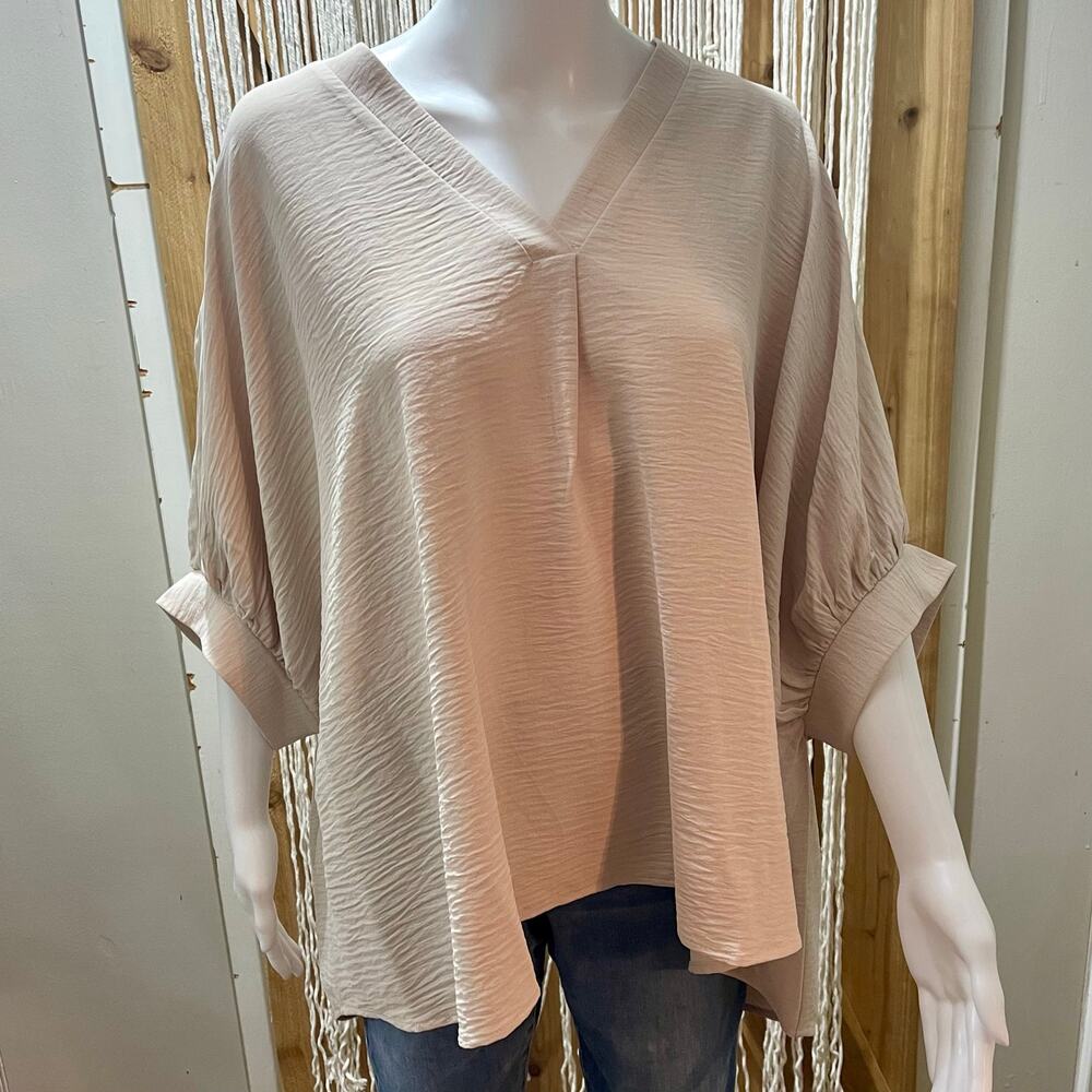 NWT Boho Indie Oatmeal Cream Crinkle Airflow V Neck Dolman Blouse Oversized L/XL